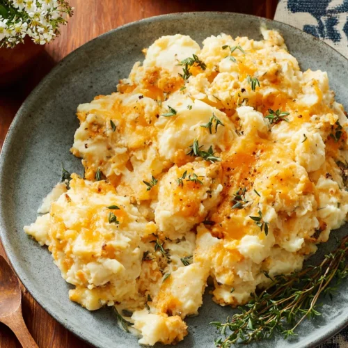 Delicious million dollar potato casserole ready to be served.