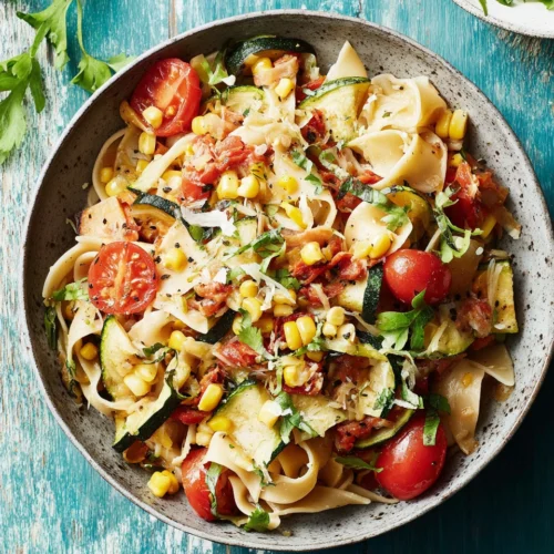 Delicious pasta primavera with roasted summer vegetables.