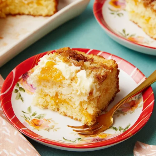Delicious peach cake slice on a plate