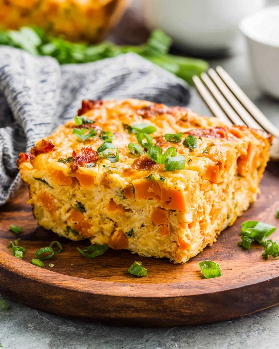 Savory Sweet Potato Bacon Egg Breakfast Casserole Sweet potato bacon egg breakfast casserole served with a fork.