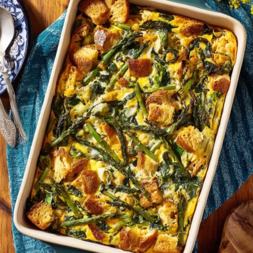 Vegetarian spring egg casserole with fresh vegetables.