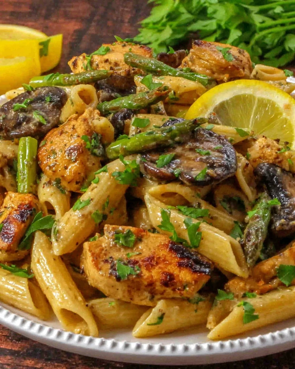 Bahama Breeze jerk chicken pasta with creamy sauce, mushrooms, asparagus, and parsley on white plate