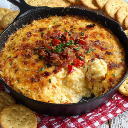Baked pimento cheese with bacon in a cast iron skillet, served with crackers.