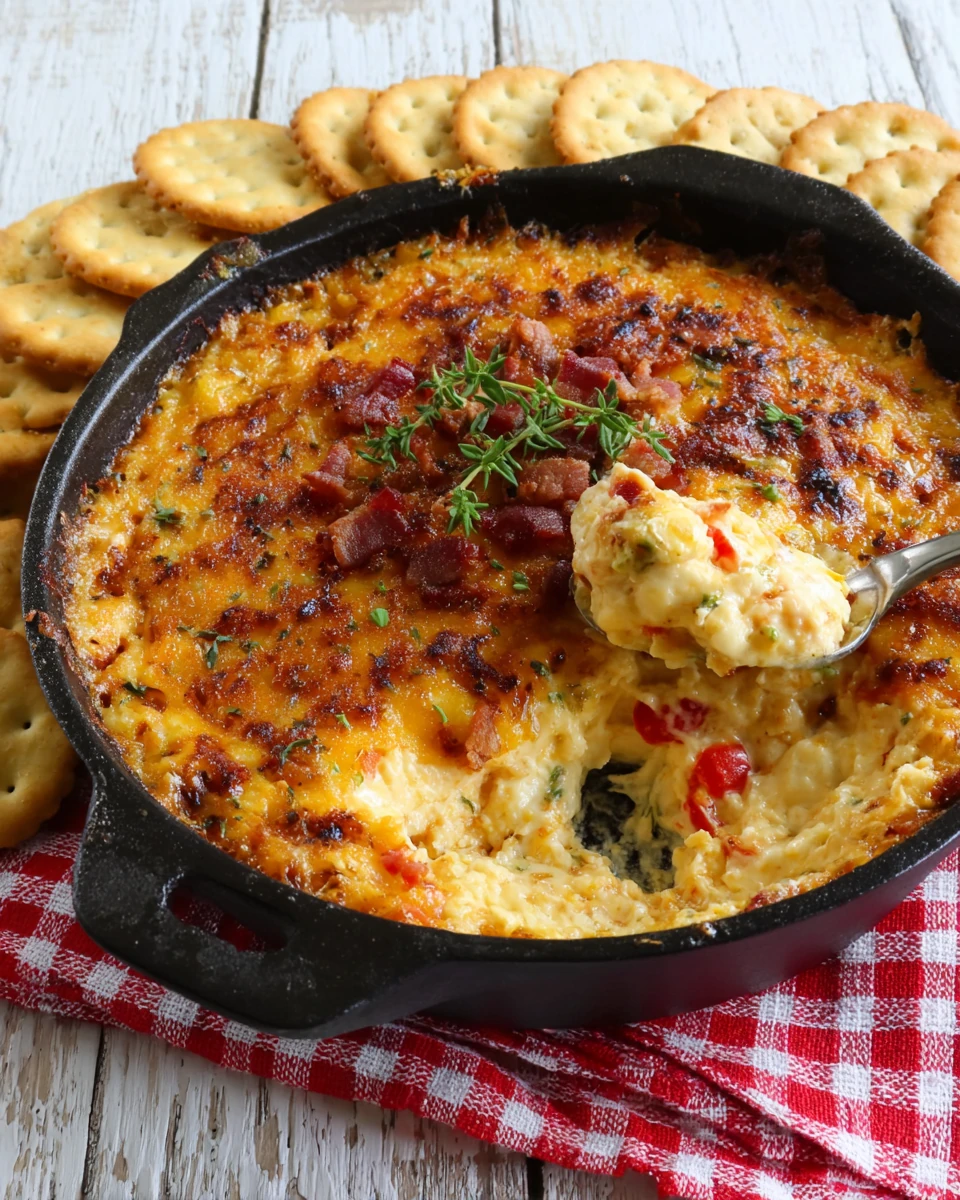 Baked pimento cheese with bacon in a cast iron skillet, golden and bubbly, served with crackers