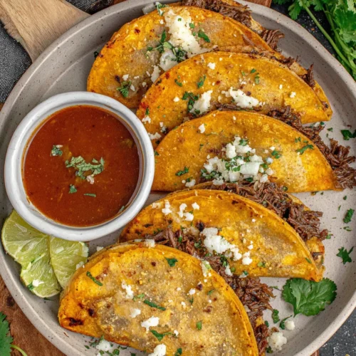 Enjoy savory birria consome sauce with tasty tacos.