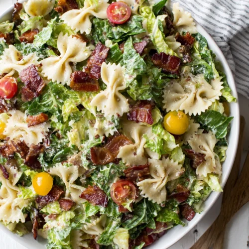 Delicious BLT bowtie pasta salad with creamy dressing.