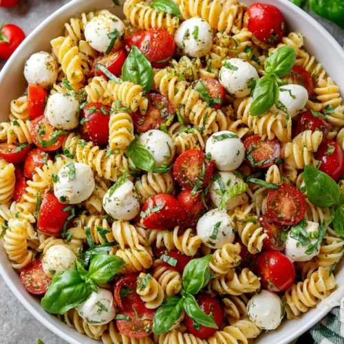 Caprese Pasta Salad: A Fresh and Easy Delight 1 Delicious caprese pasta salad with tomatoes and mozzarella.