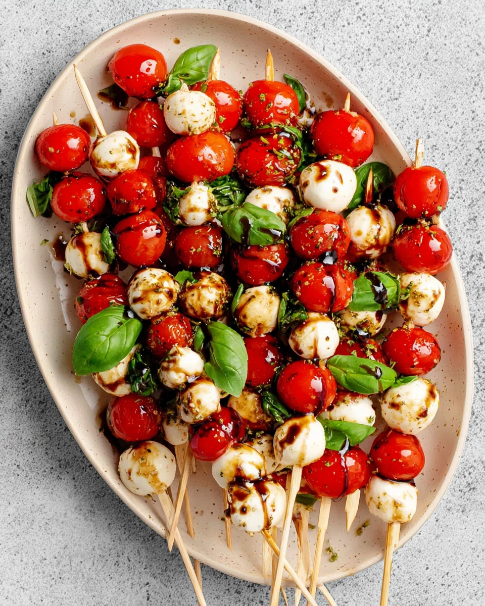 Caprese salad skewers with cherry tomatoes, mozzarella, and basil on a platter