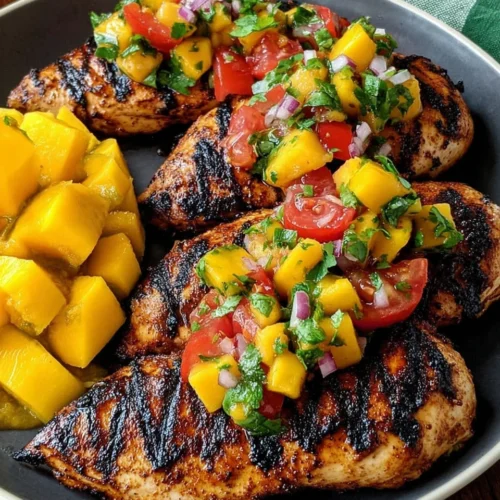 Caribbean Jerk Teriyaki Chicken: A Flavorful Delight 1 Grilled Caribbean jerk teriyaki chicken with mango topping on a plate