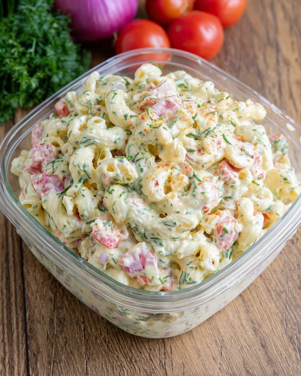 Delicious Cheddar Sour Cream Macaroni Salad Creamy cheddar sour cream macaroni salad with colorful veggies.
