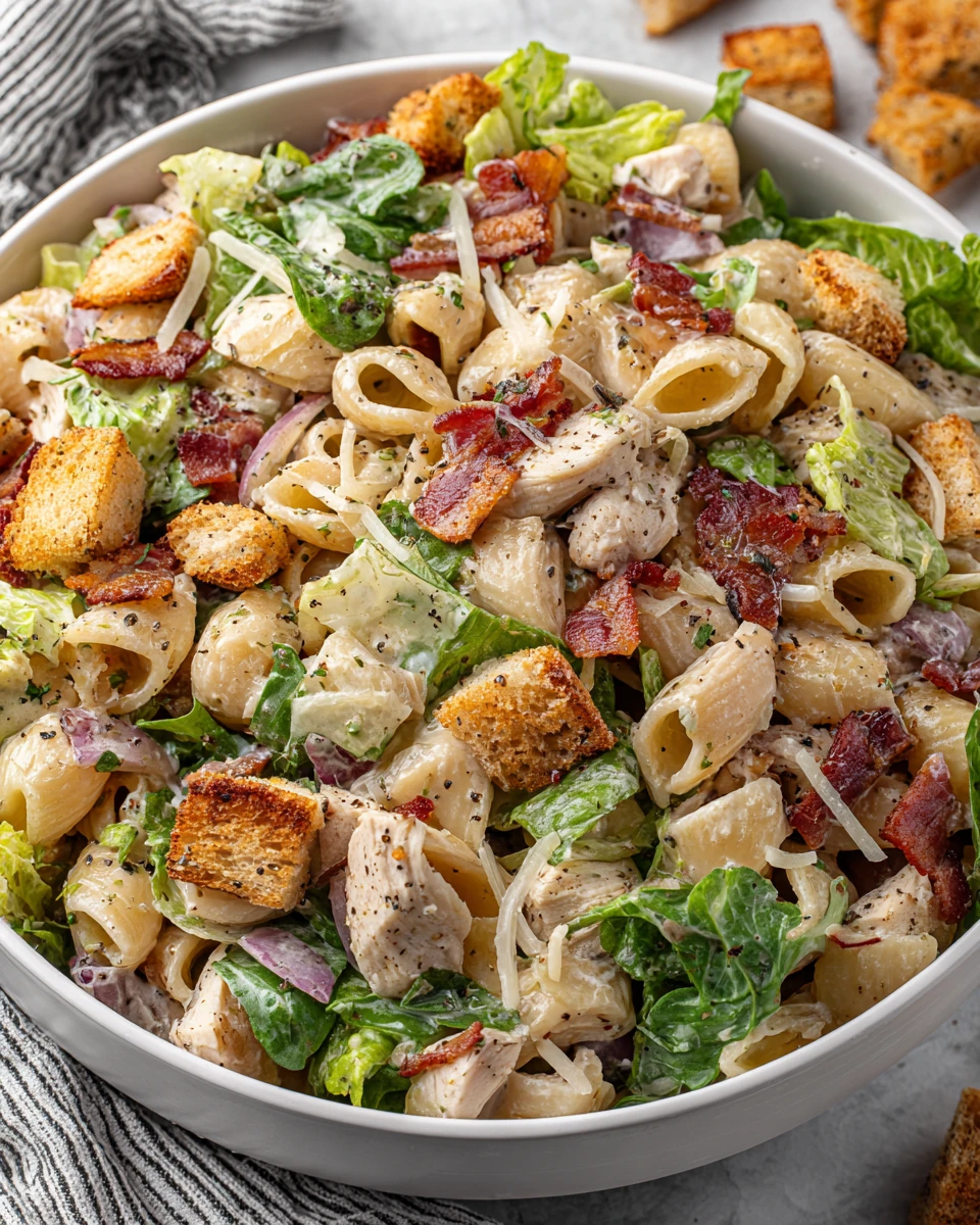 Chicken caesar pasta salad with bacon and croutons.