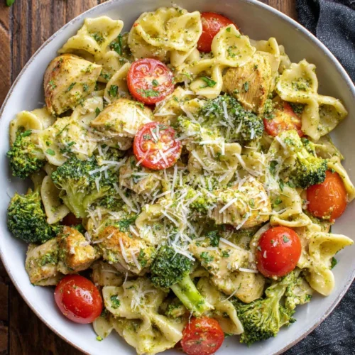 Chicken pesto pasta with broccoli, quick meal, kid-approved.