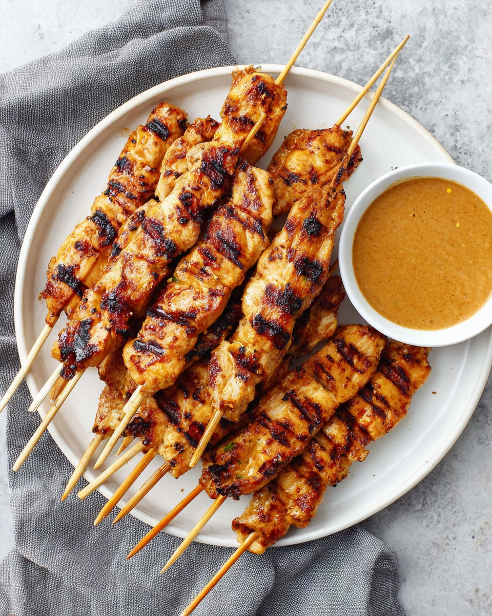 Grilled chili garlic chicken satay skewers with creamy dipping sauce on a white plate