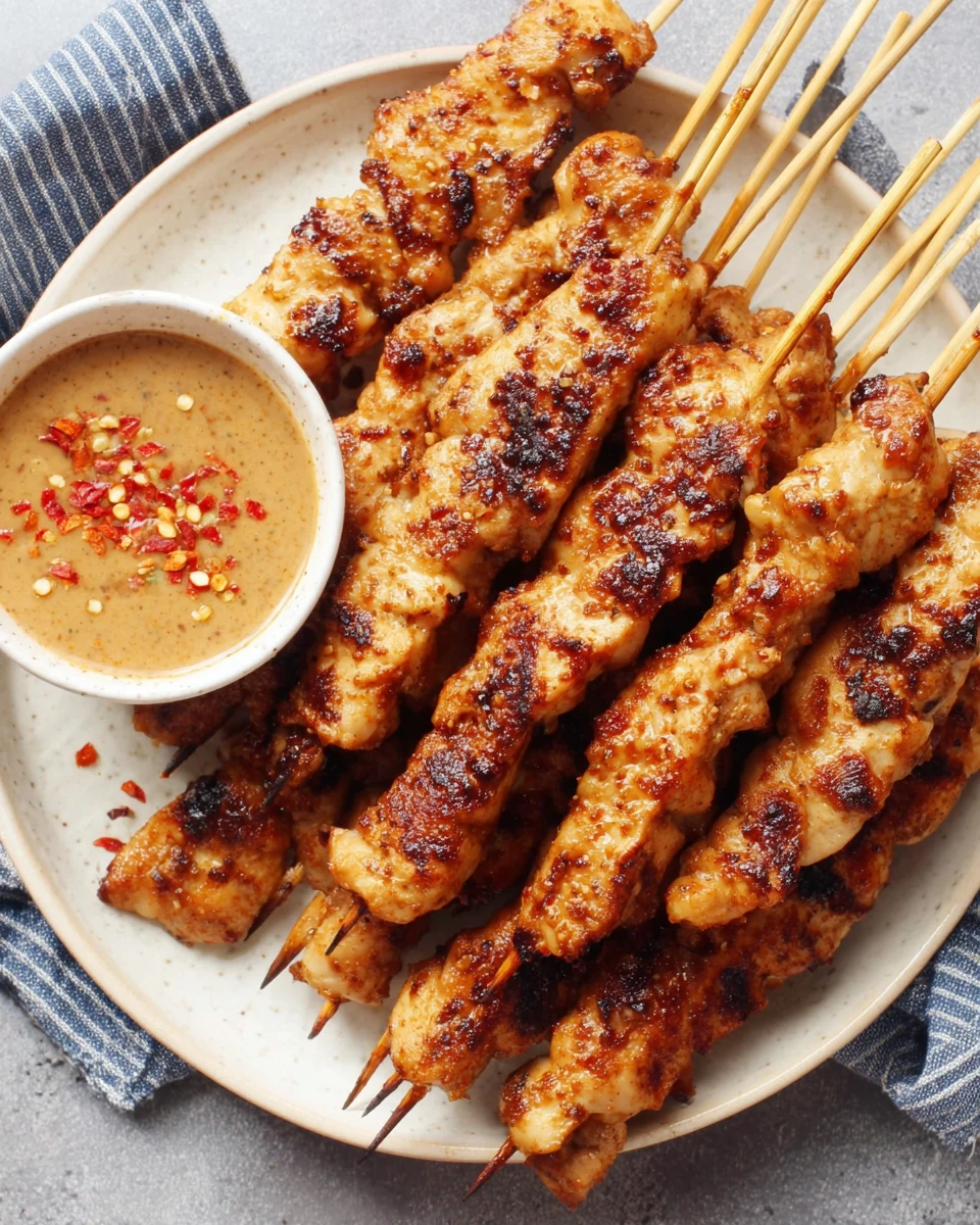 Chili garlic chicken satay skewers with creamy dipping sauce on a white plate