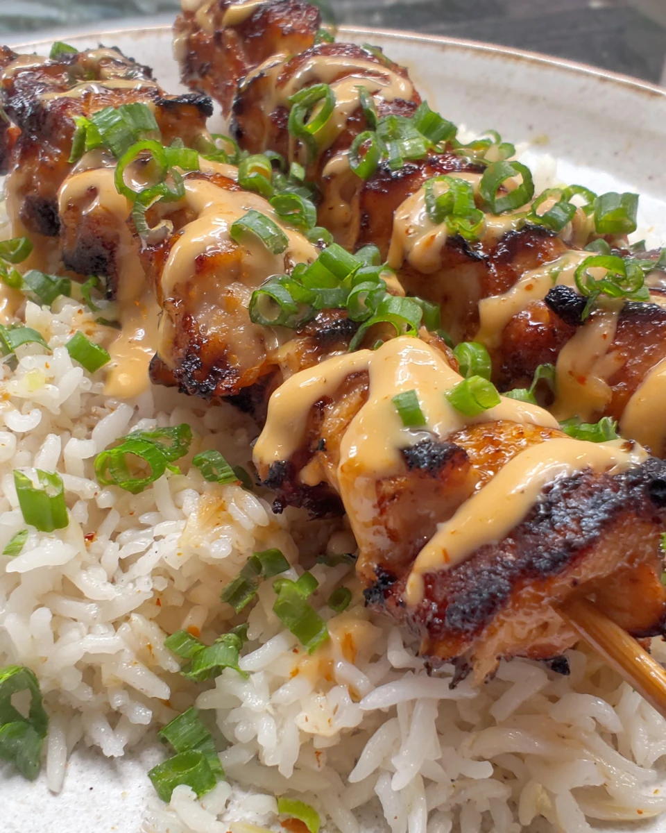 Chili lime chicken skewers over rice with creamy sauce and green onions
