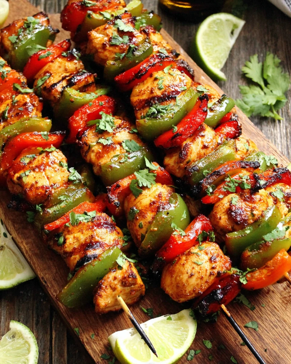 Chili Lime Grilled Chicken Skewers with Bell Peppers Chili lime grilled chicken skewers with bell peppers and lime on a wooden board