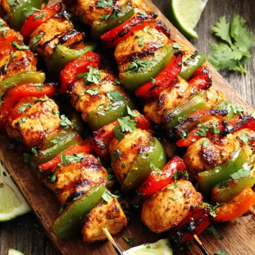 Chili Lime Grilled Chicken Skewers: A Flavorful Delight 1 Chili lime grilled chicken skewers with bell peppers and lime on a wooden board