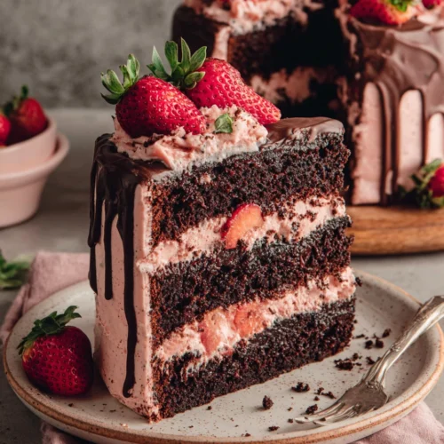 Indulgent chocolate covered strawberry cake recipe.