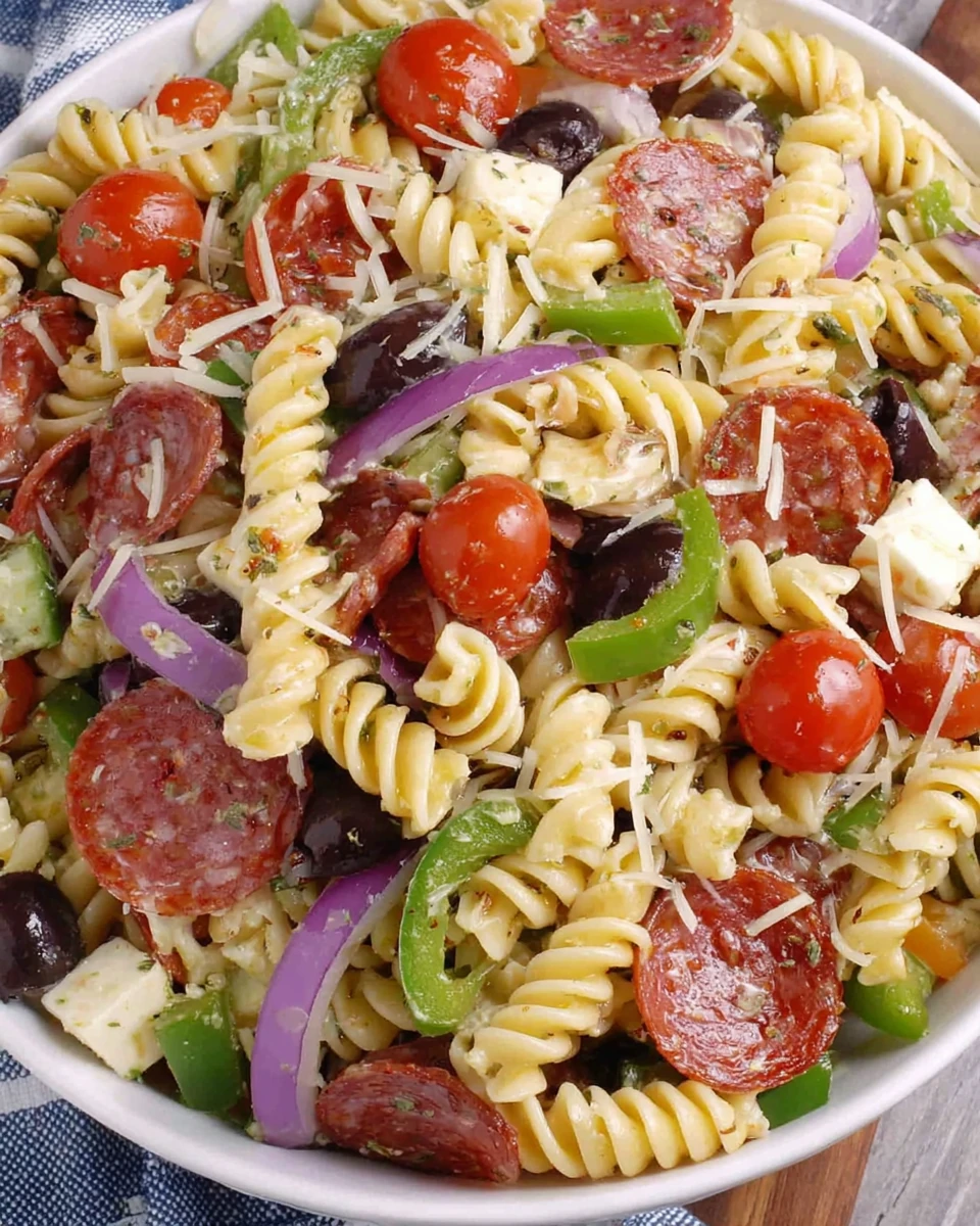 Classic pasta salad with rotini, tomatoes, pepperoni, cheese, and vegetables
