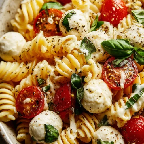 Creamy Caprese Pasta Salad: A Delightfully Fresh Dish 1 Creamy caprese pasta salad with tomatoes and basil.