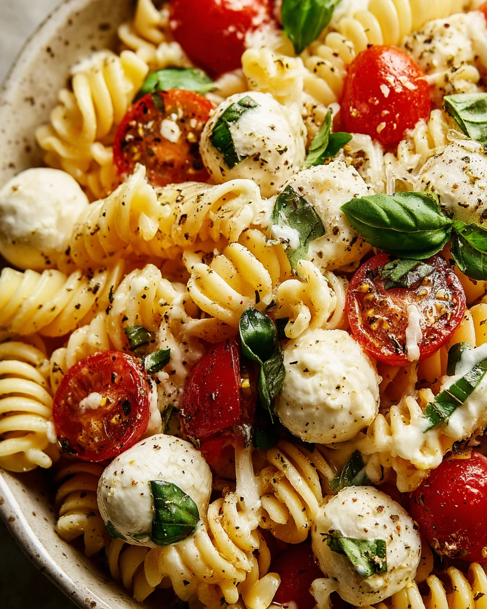 Delicious Creamy Caprese Pasta Salad Creamy caprese pasta salad with tomatoes and basil.