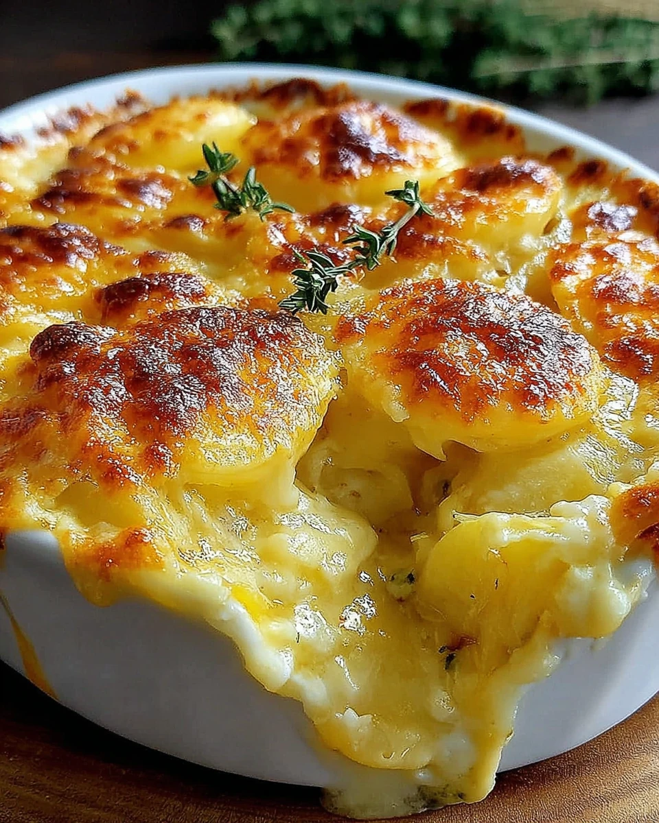 Creamy scalloped potatoes with golden cheese crust and fresh thyme garnish