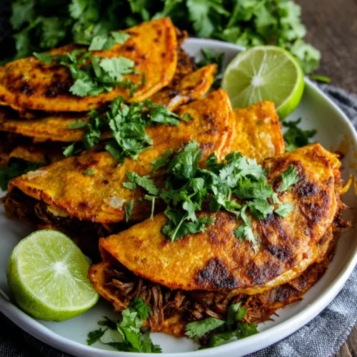 Delicious crockpot birria tacos served with lime wedges.