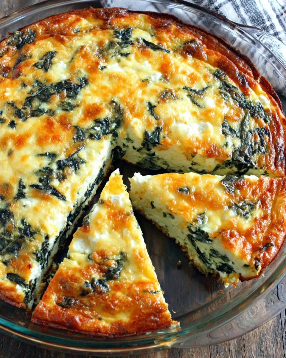 crustless spinach feta quiche in glass dish, golden brown and sliced