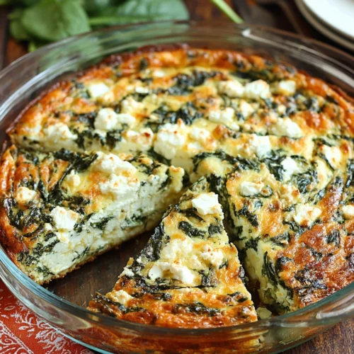 Crustless spinach feta quiche in a glass dish, golden and sliced, with feta and spinach visible.