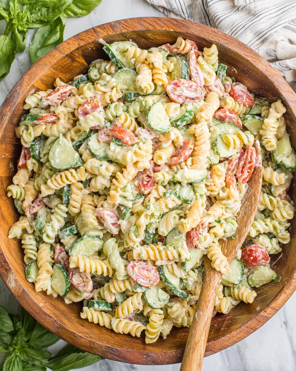Cucumber tomato pasta salad with tri-color rotini and vegetables.