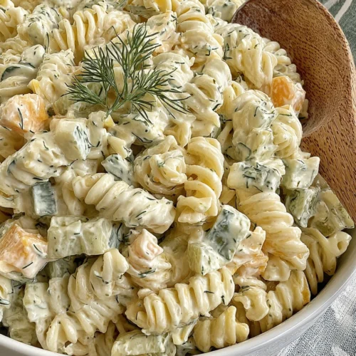 Creamy dill pickle pasta salad with rotini and pickles.
