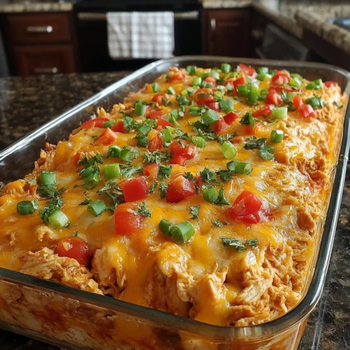 Tasty fajita chicken casserole with cheese and veggies.