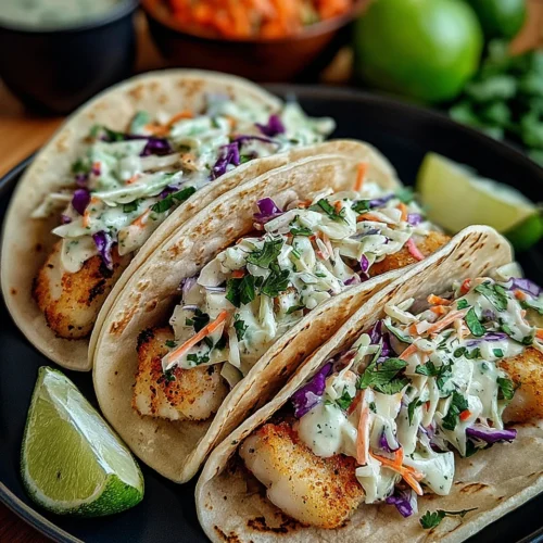Crispy fish tacos with cilantro lime slaw on a black plate.