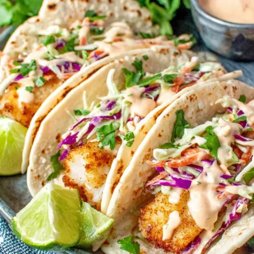 Crispy fish tacos with slaw, chipotle mayo, and lime.