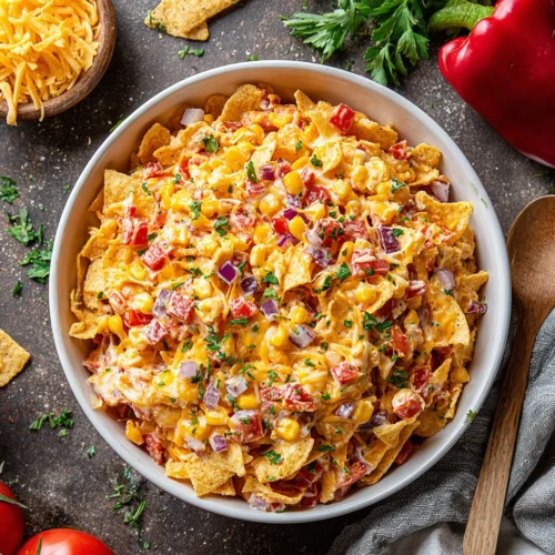 Fritos chili cheese salad with crunchy Fritos and fresh vegetables.