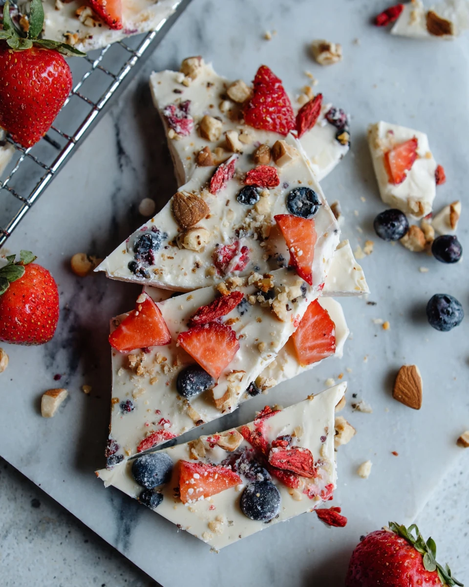 Frozen yogurt bark with berries and nuts on a cooling rack