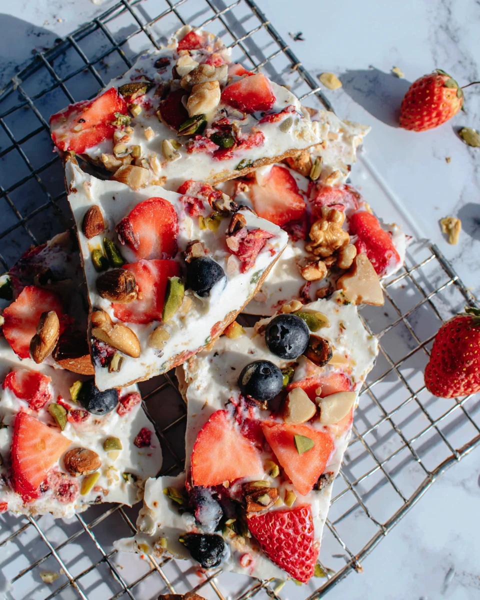 Frozen yogurt bark with berries and nuts on cooling rack