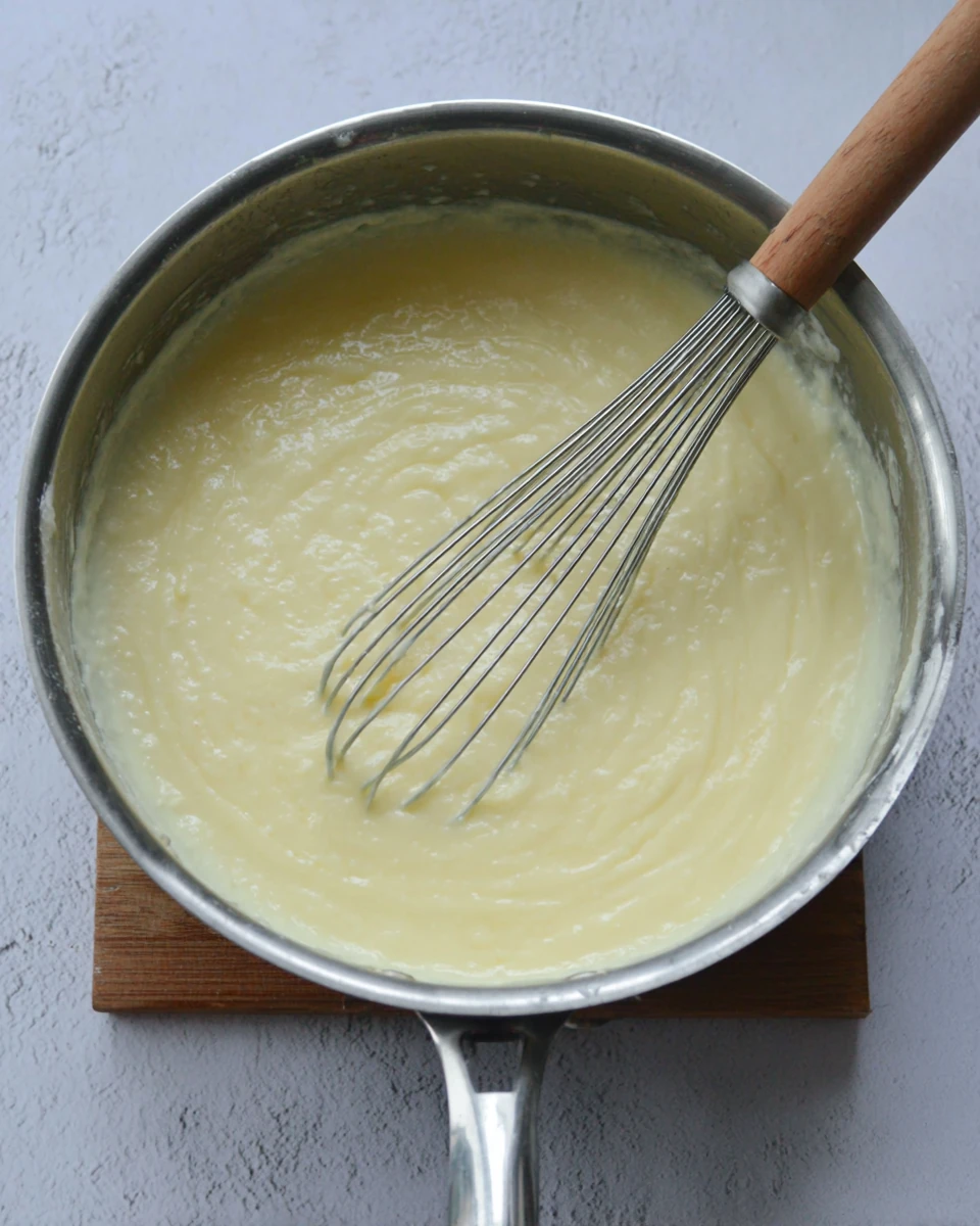 Creamy Gluten Free Banana Pudding Preparation Delicious gluten free banana pudding in a saucepan.