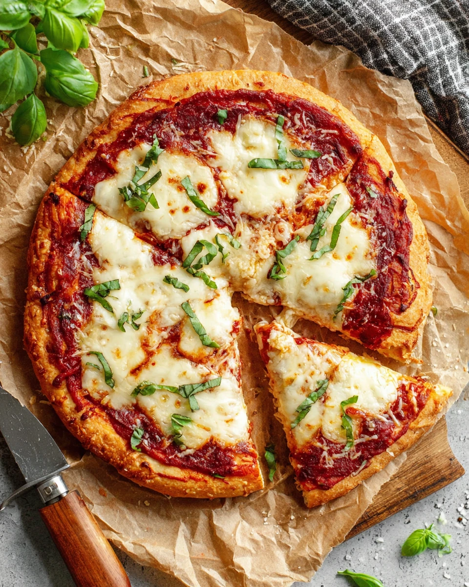 Gluten free margherita pizza with fresh mozzarella and basil on a wooden board