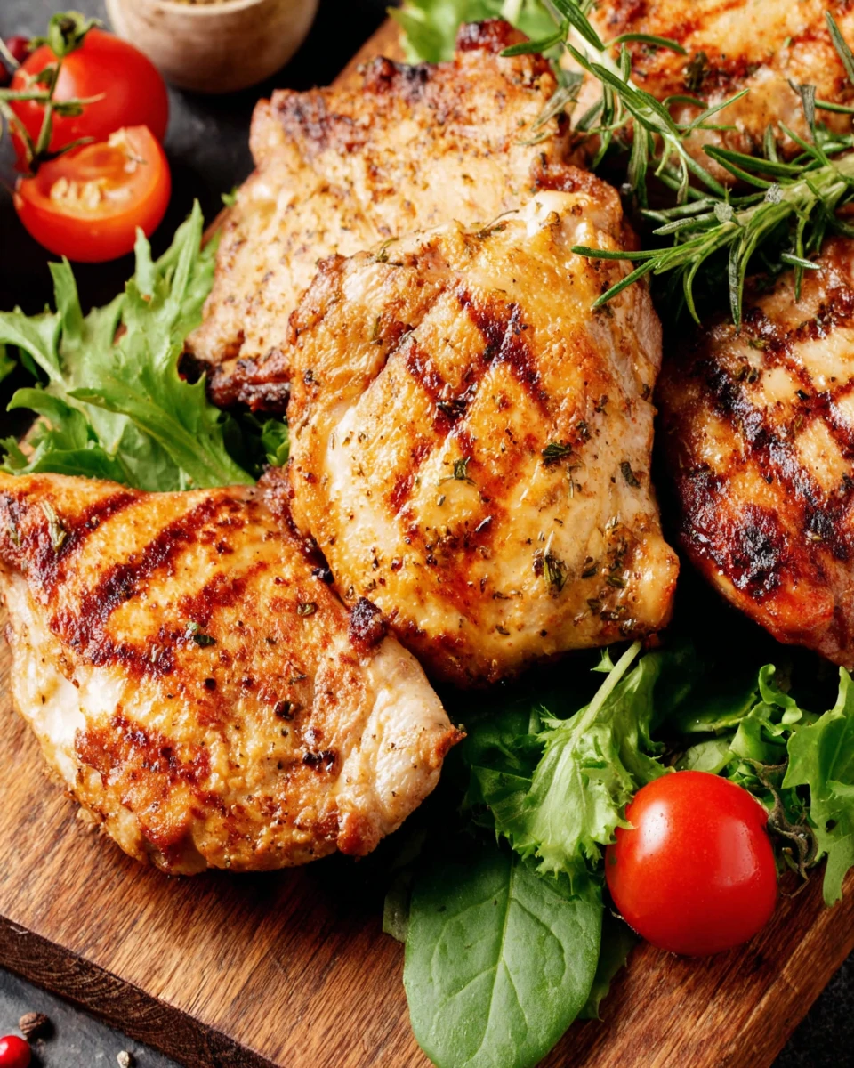 Grilled Greek marinated chicken thighs with fresh greens and tomato