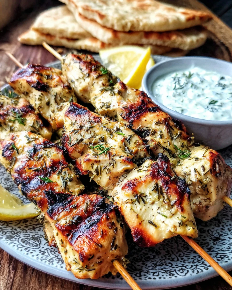 Greek Marinated Grilled Chicken Skewers with Tzatziki Greek marinated grilled chicken skewers with lemon and tzatziki sauce