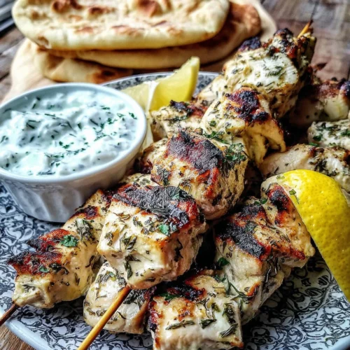 Greek Marinated Grilled Chicken: A Flavorful Delight 1 Greek marinated grilled chicken skewers with lemon and tzatziki sauce