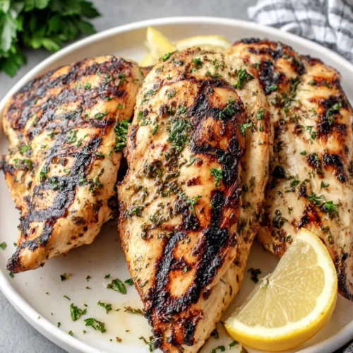 Grilled Greek yogurt marinated chicken with lemon wedge and parsley