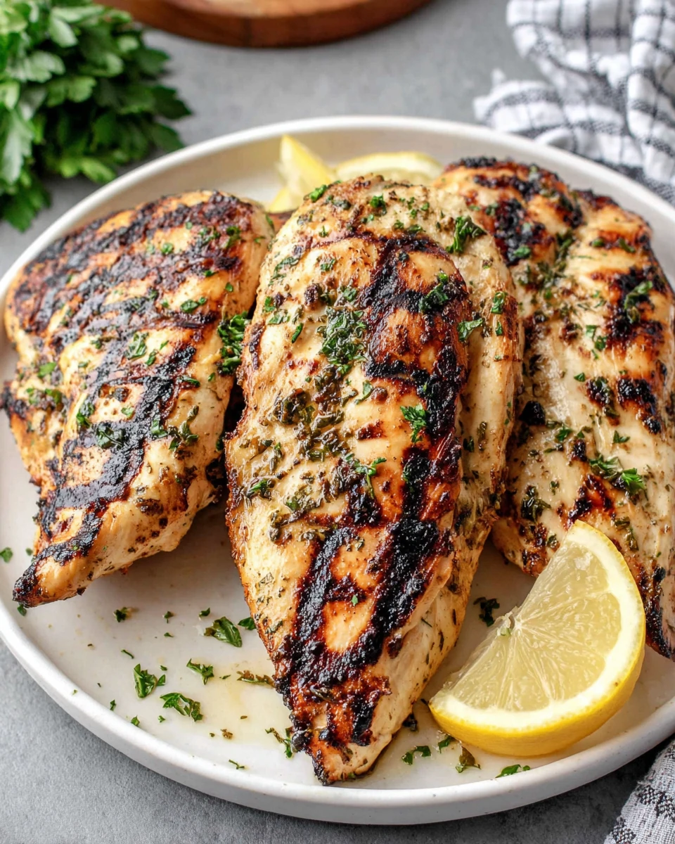 Grilled Greek yogurt marinated chicken with lemon wedge and parsley
