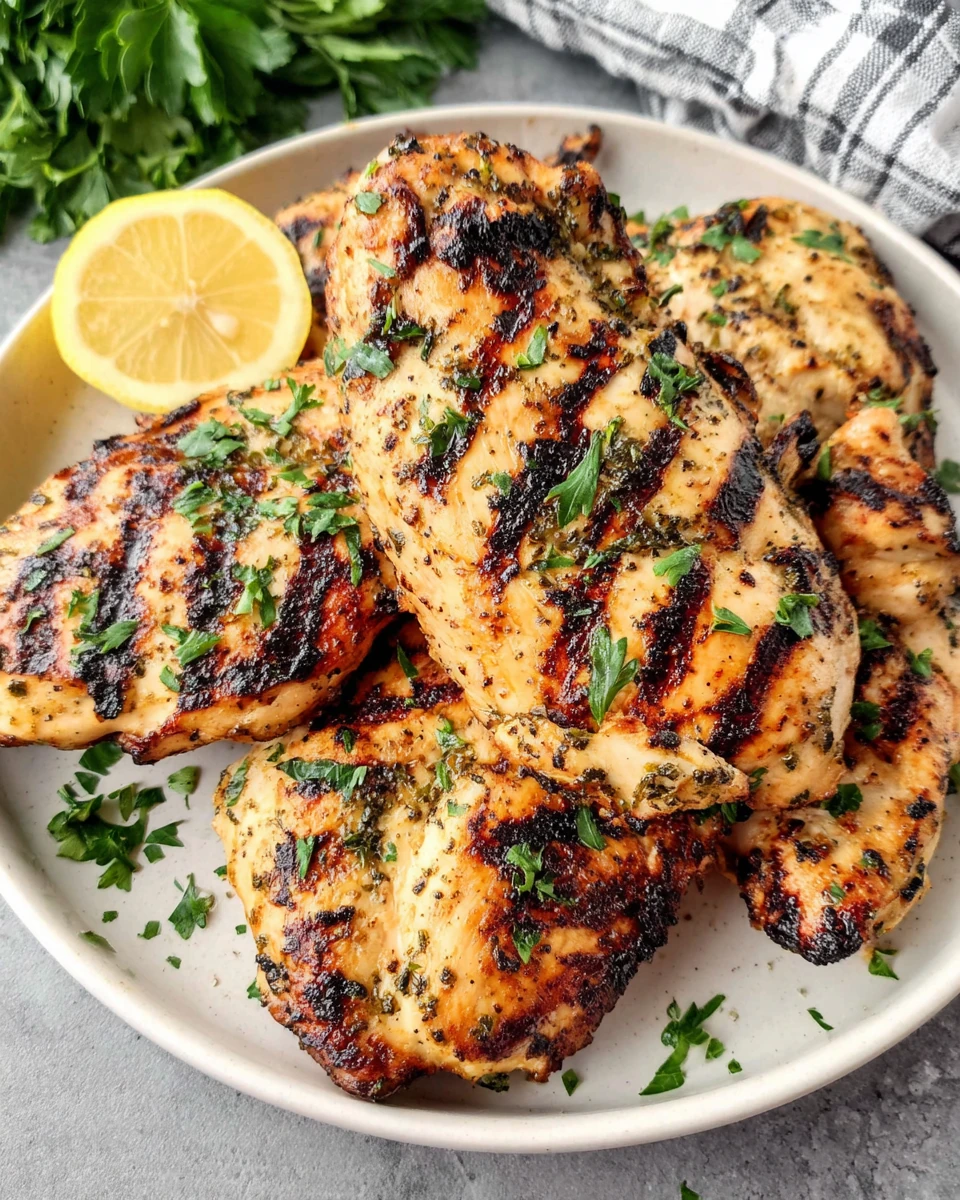 Grilled Greek yogurt marinated chicken with lemon and herbs