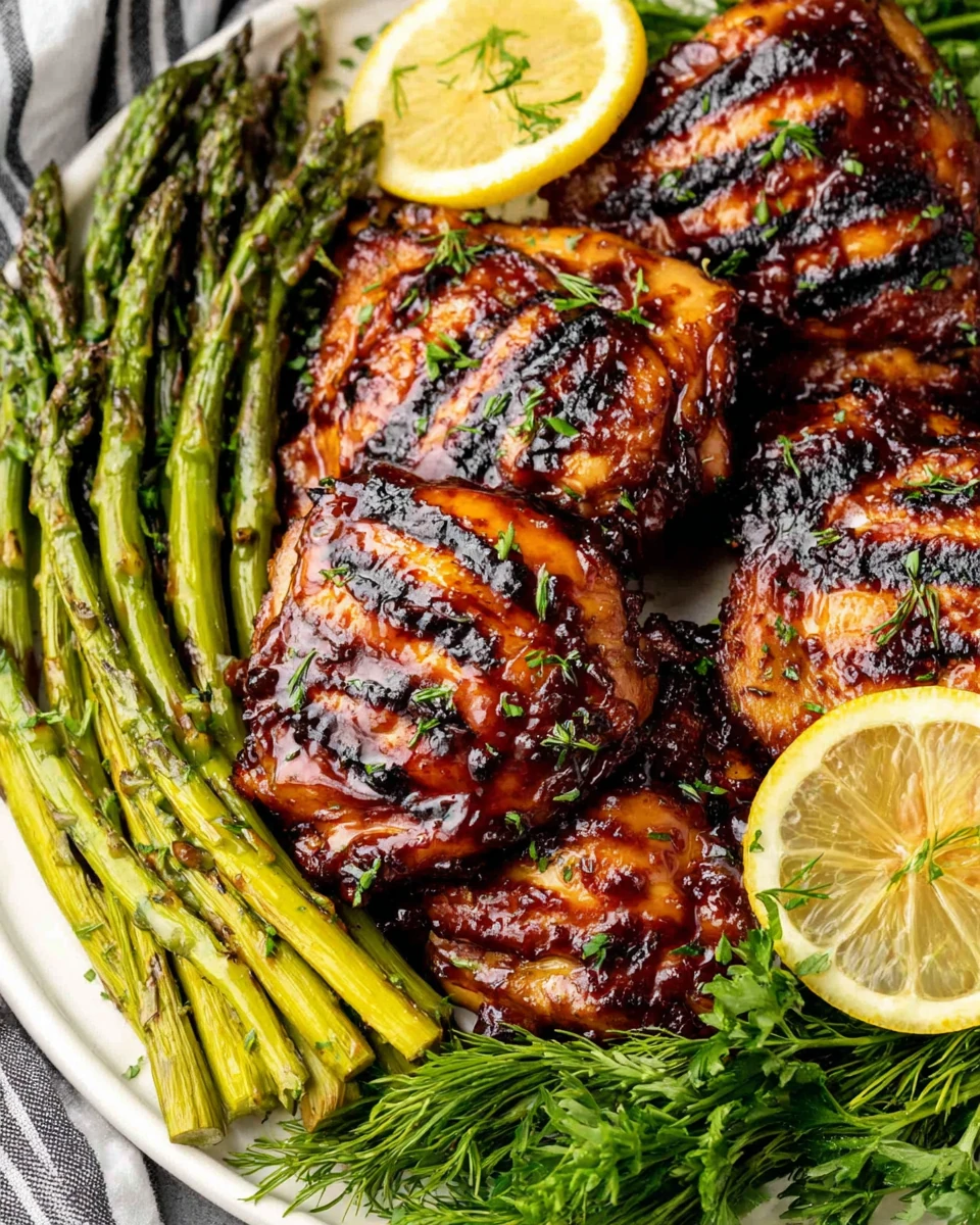 Grilled brown sugar glazed chicken thighs with asparagus and lemon on a white plate