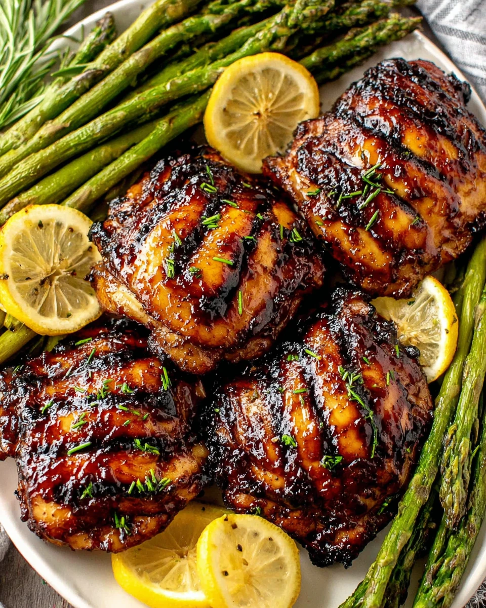 Grilled brown sugar glazed chicken thighs with asparagus and lemon slices