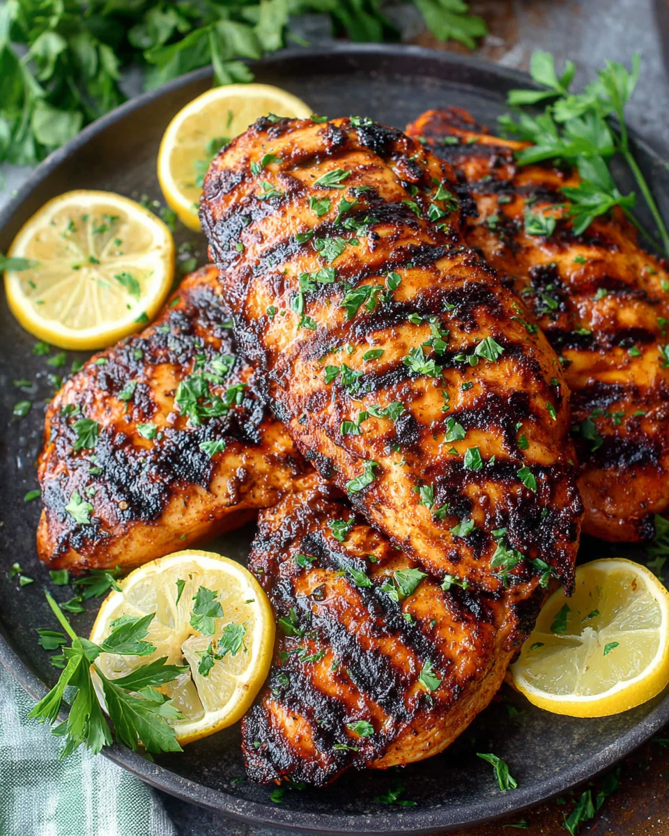 Grilled chicken breast with charred grill marks, fresh parsley, and lemon slices on a black plate
