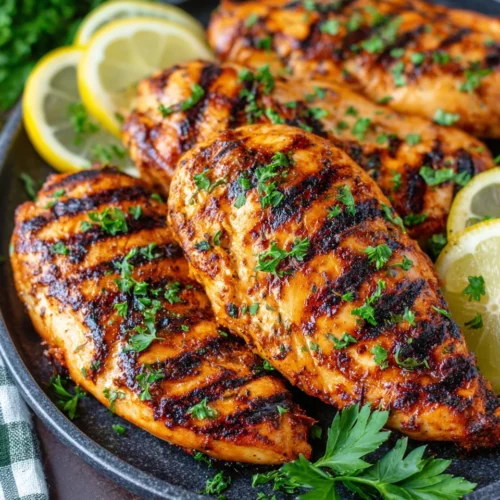 Juicy grilled chicken breast with grill marks, parsley, and lemon slices
