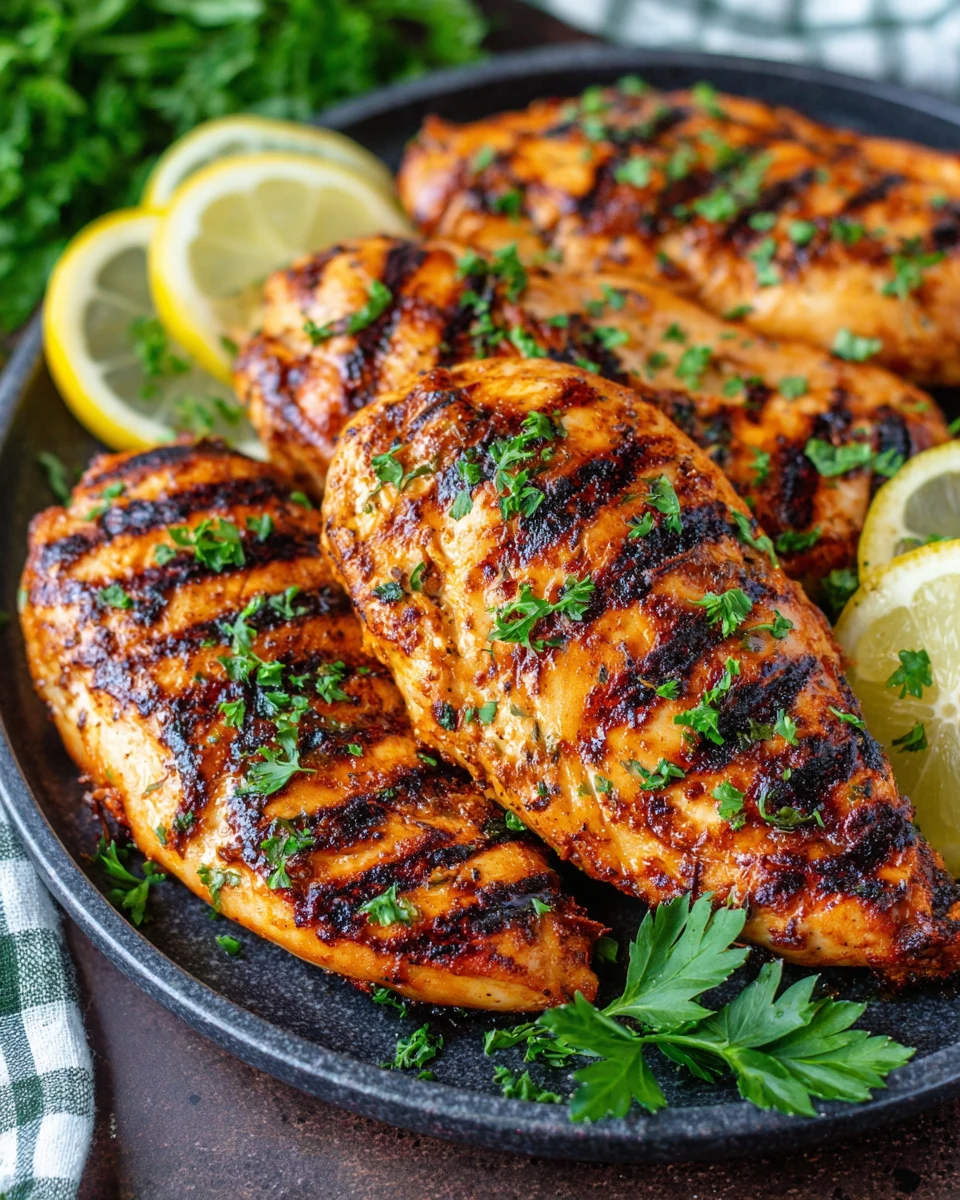 Juicy grilled chicken breast with grill marks, parsley, and lemon slices